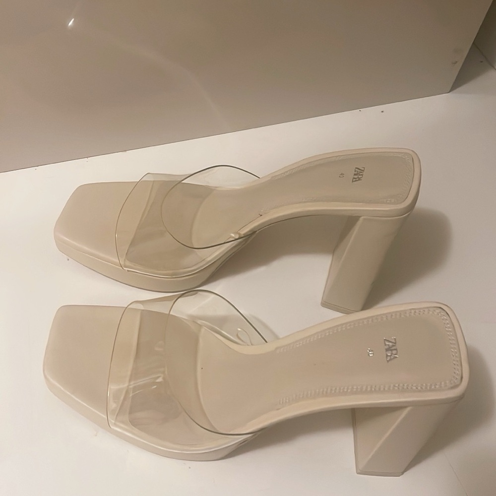 Zara Heels Slip-on Platform Cocktail Ivory Solid Shoes - Picture 3 of 8